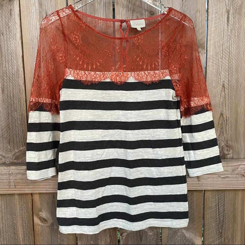 Anthropologie Deletta Lace Line Yoke Top Boatneck Striped Casual Blouse Small